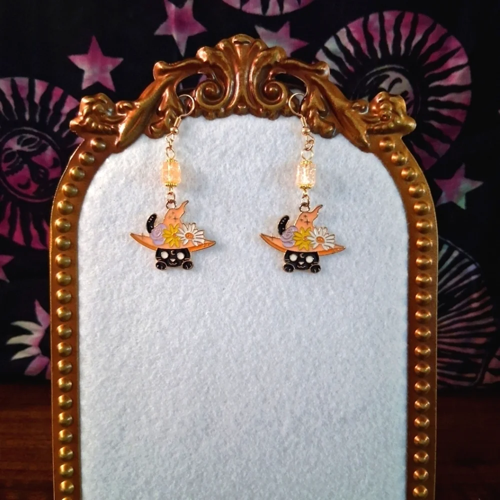 Witch Hat Cat Earrings Black Orange Crystal Dangle French Hooks